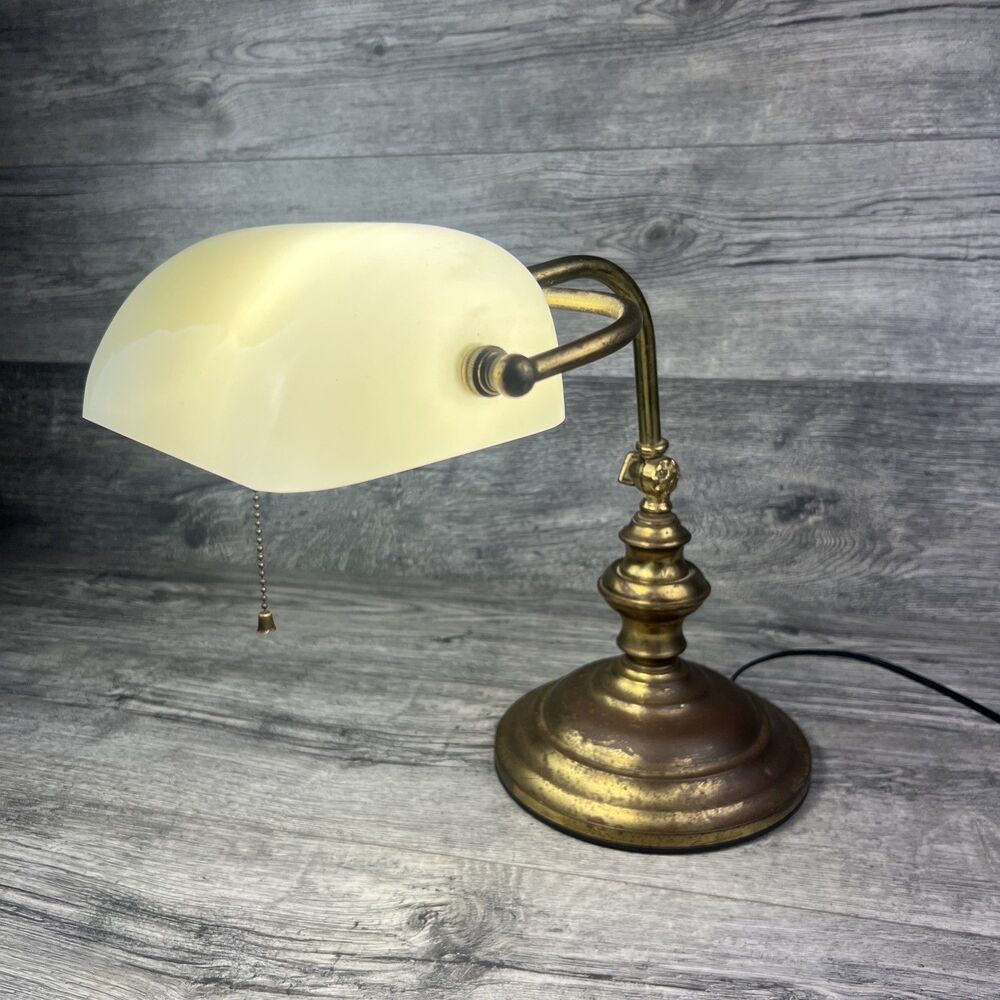 Vintage Banker's Lamp Heavy Brass White Milk Glass Shade READ